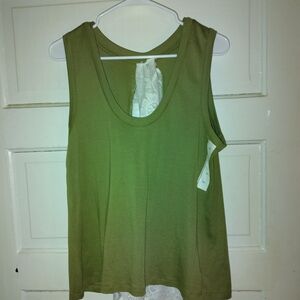 Upcycled New Olive Green Sleeveless Women's Top With Lace Back Insert